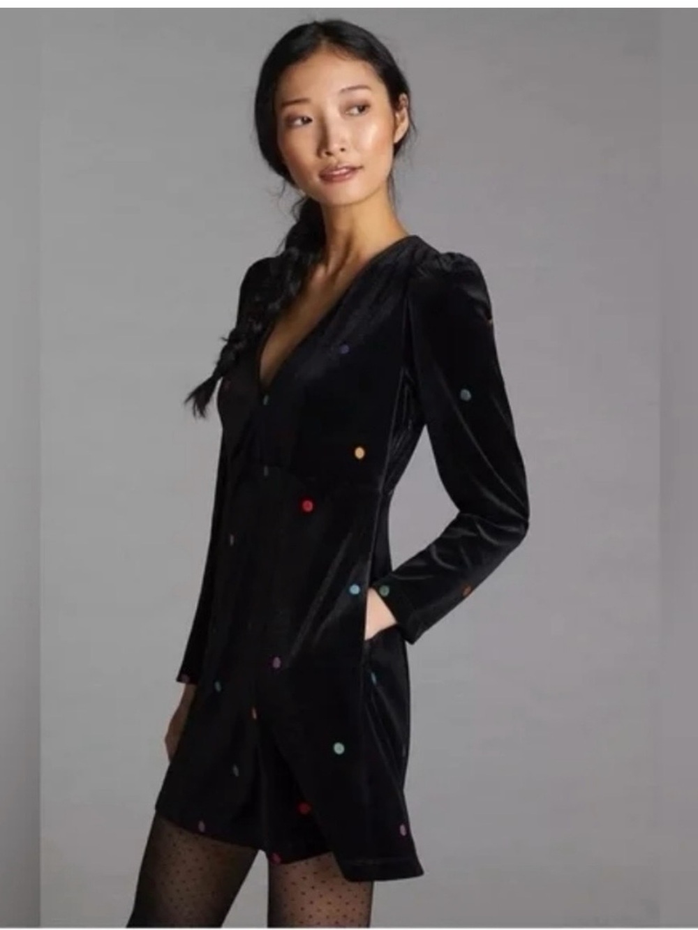 FARM Rio for Anthropologie Black Velvet Long-sleeved Mini Dress
